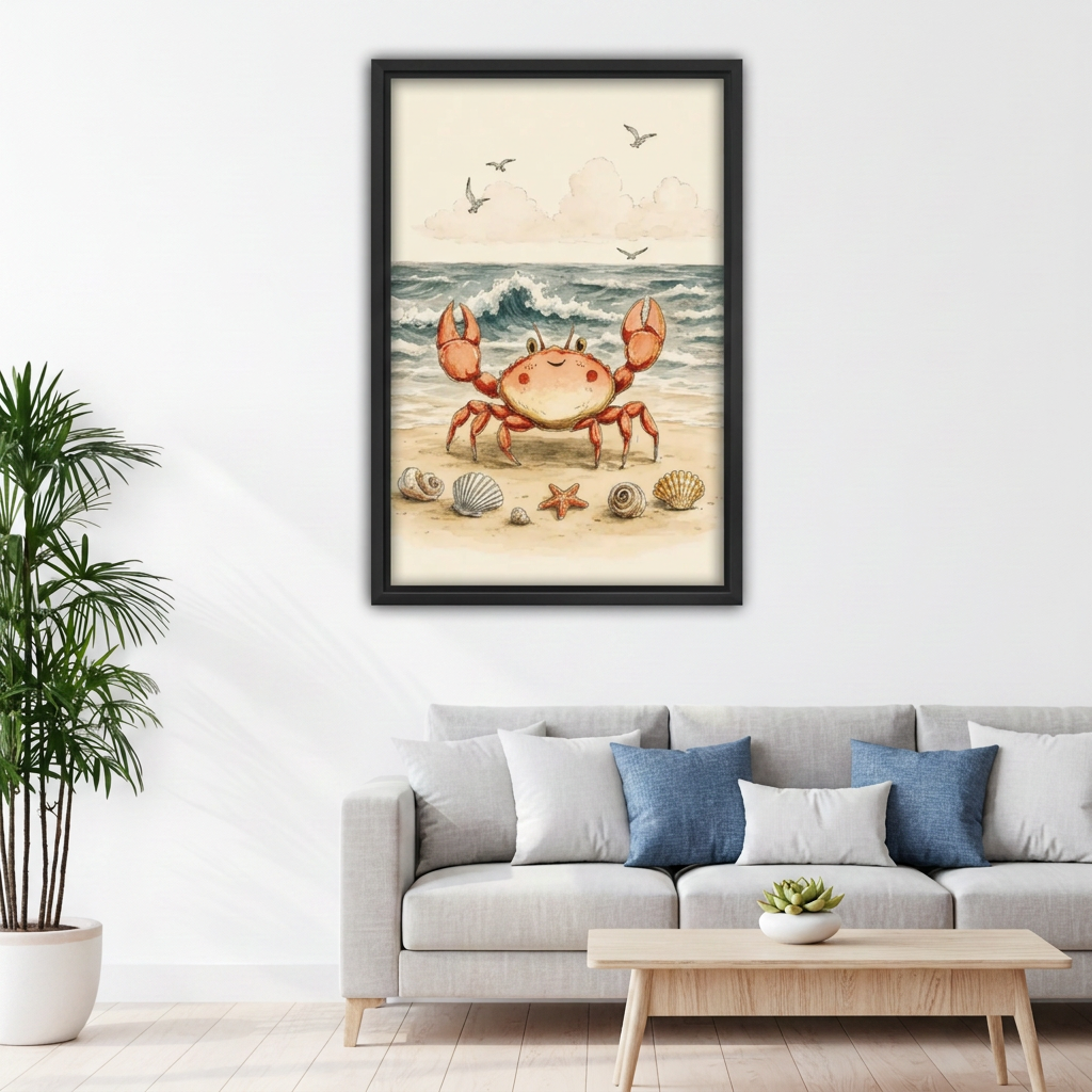 Whimsical Smiling Crab Beach Canvas Wall Art | Framed & Unframed l5056