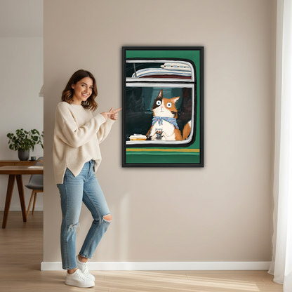 Woman pointing at a large framed cat on train wall art print featuring an orange cat with blue scarf and tea