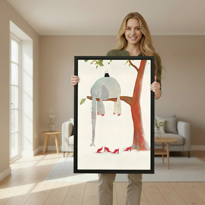 Smiling woman holding large sleeping elephant red heels whimsical framed print to show size in bright Scandinavian living room
