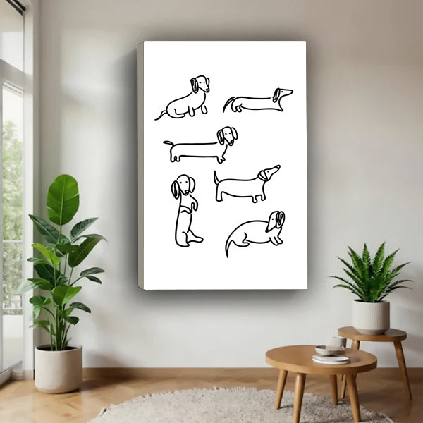 Minimalist dachshund line art canvas wall art – six playful wiener dog poses, black and white home decor
