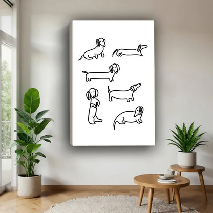 Minimalist dachshund line art canvas wall art – six playful wiener dog poses, black and white home decor