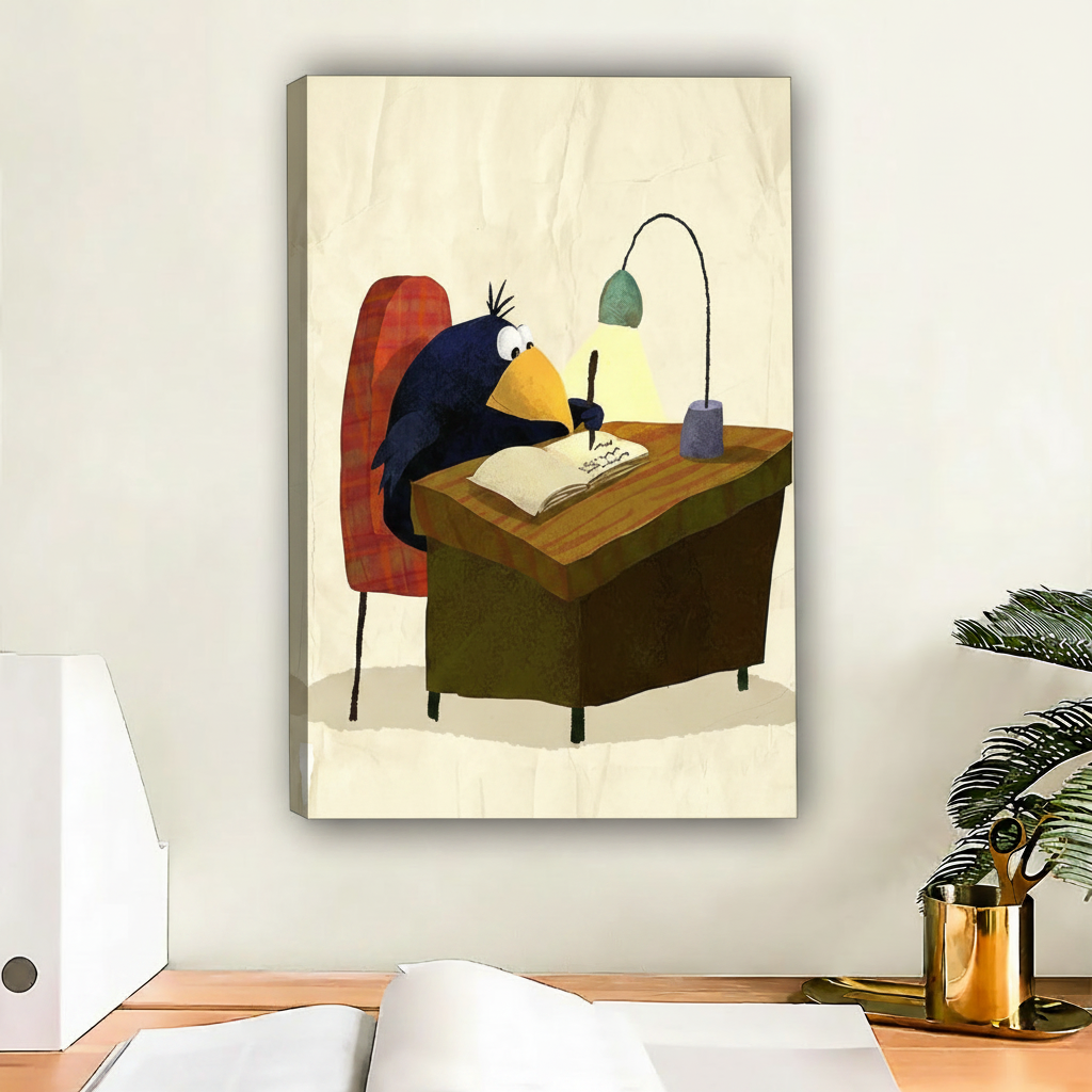 Whimsical crow animal portrait canvas art print without frame in home office decor