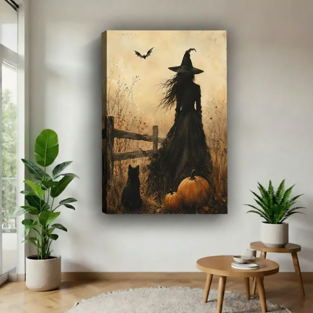 Vintage witch gallery wrap canvas art — frameless gothic Halloween wall print with black cat and pumpkin, boho living room decor