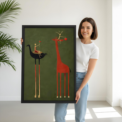 Woman holding large whimsical animal riders framed wall art print