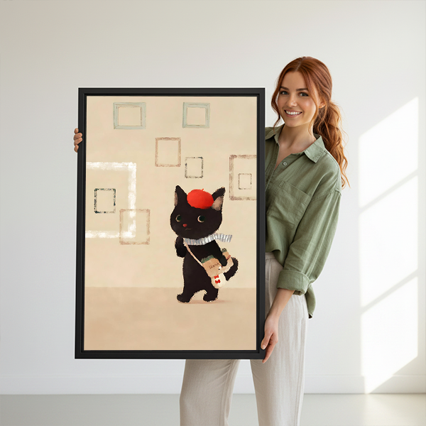 Woman holding chic black cat red beret bubble tea framed canvas wall art print, retro quirky illustration