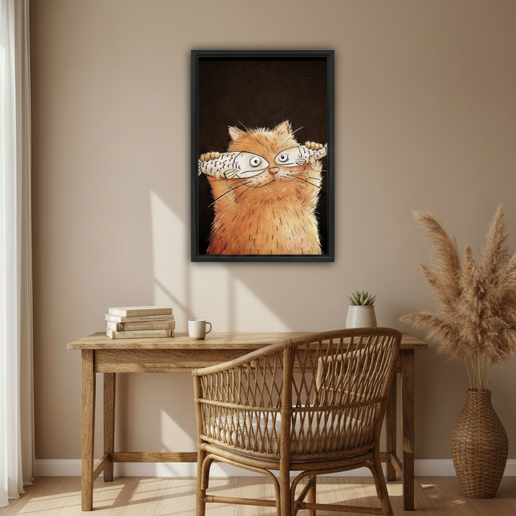 Whimsical orange cat fish art print in black frame above home office desk