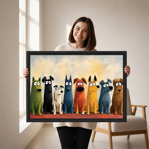 Woman Holding Colorful Cartoon Dogs Lineup Framed Art Print Size Reference