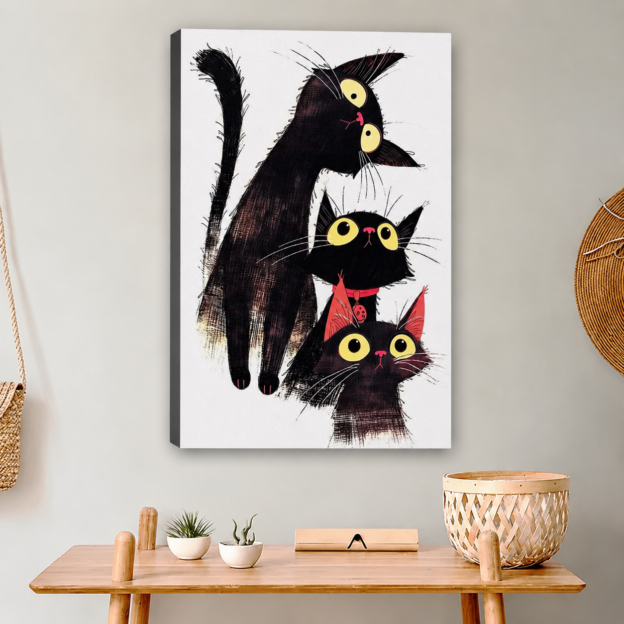 Three Black Cats Whimsical Illustration Framed Wall Art on Boho Bench – Quirky Stacked Cat Print Decor Inspiration