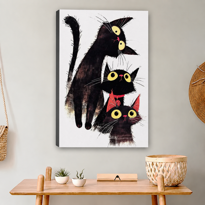 Three Black Cats Whimsical Illustration Framed Wall Art on Boho Bench – Quirky Stacked Cat Print Decor Inspiration
