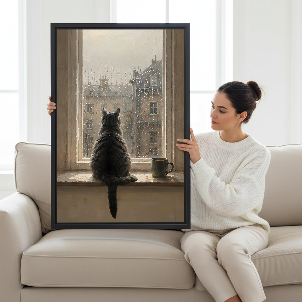 Woman holding vintage cat wall art print — moody rainy window scene with coffee mug