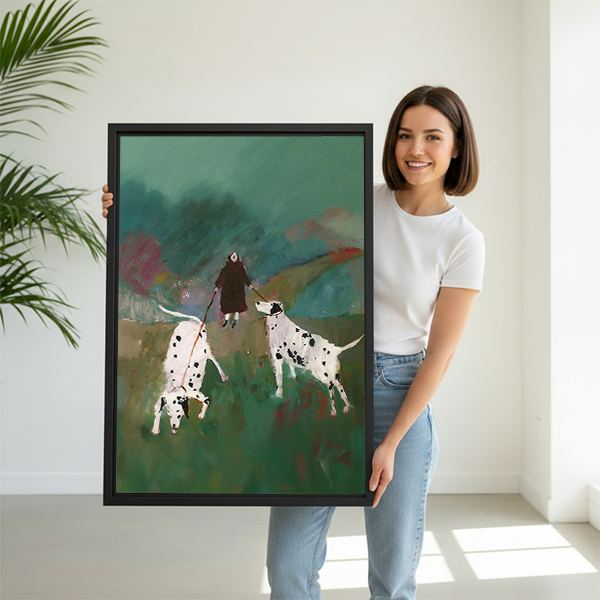 Smiling woman holding large woman walking Dalmatians expressive oil painting framed canvas print to show size in bright white room with palm plant