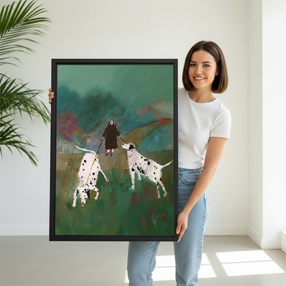 Smiling woman holding large woman walking Dalmatians expressive oil painting framed canvas print to show size in bright white room with palm plant