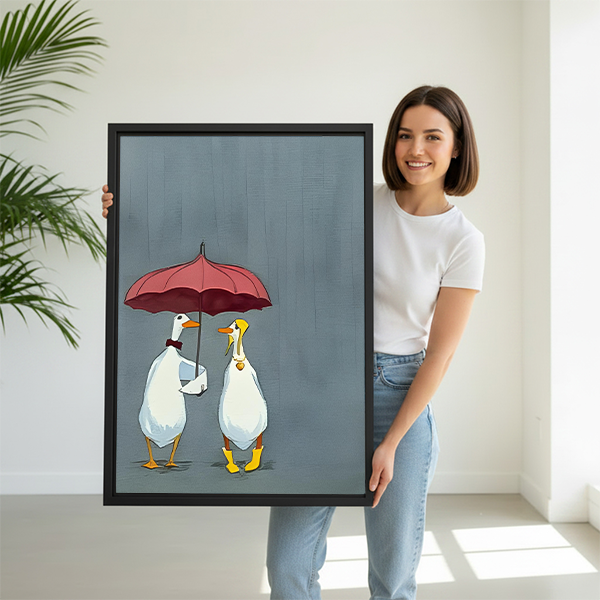 Woman holding rainy day ducks romantic framed wall art print — cute couple duck wall decor