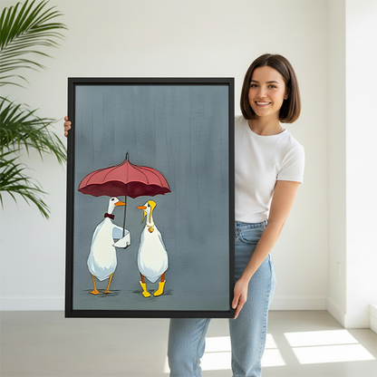 Woman holding rainy day ducks romantic framed wall art print — cute couple duck wall decor