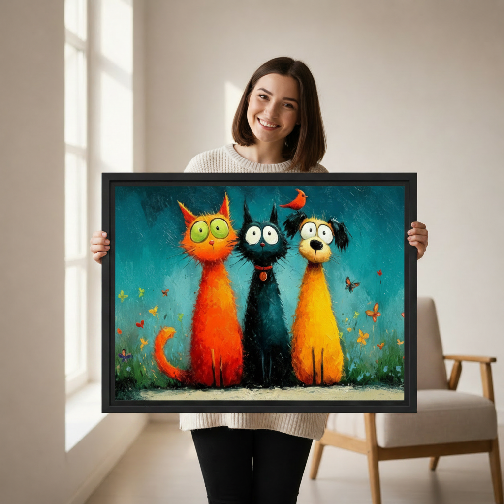Whimsical cat dog trio framed canvas wall art, woman holding colorful pet print, black frame