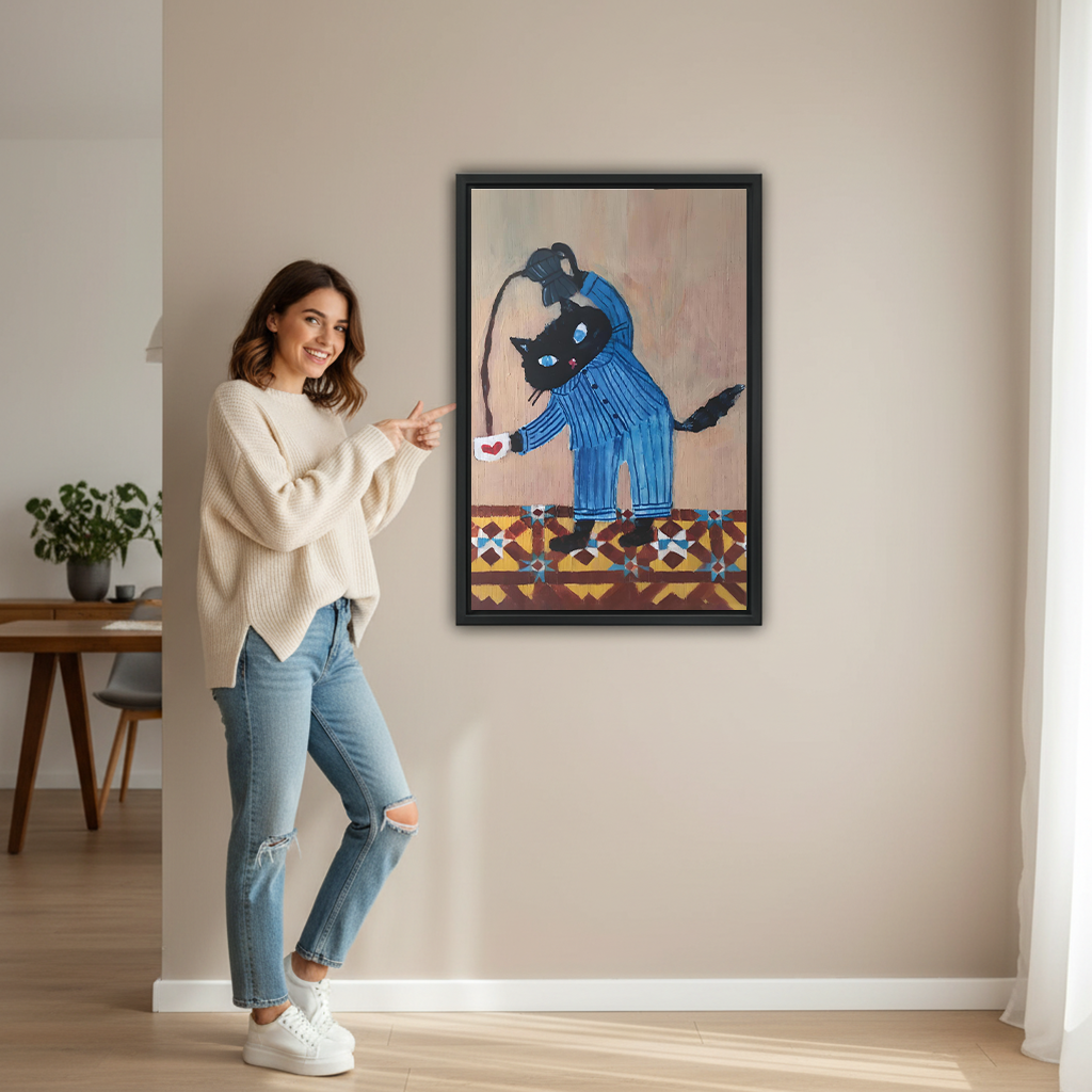 Smiling woman pointing at large black cat pajamas vintage oil painting framed print on beige wall in modern hallway