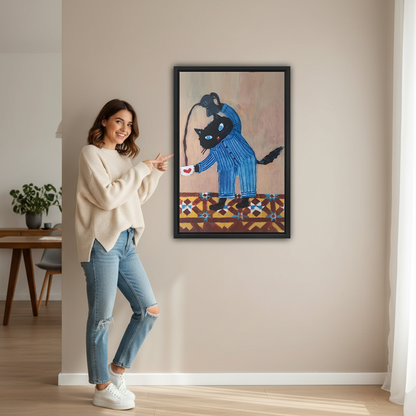 Smiling woman pointing at large black cat pajamas vintage oil painting framed print on beige wall in modern hallway