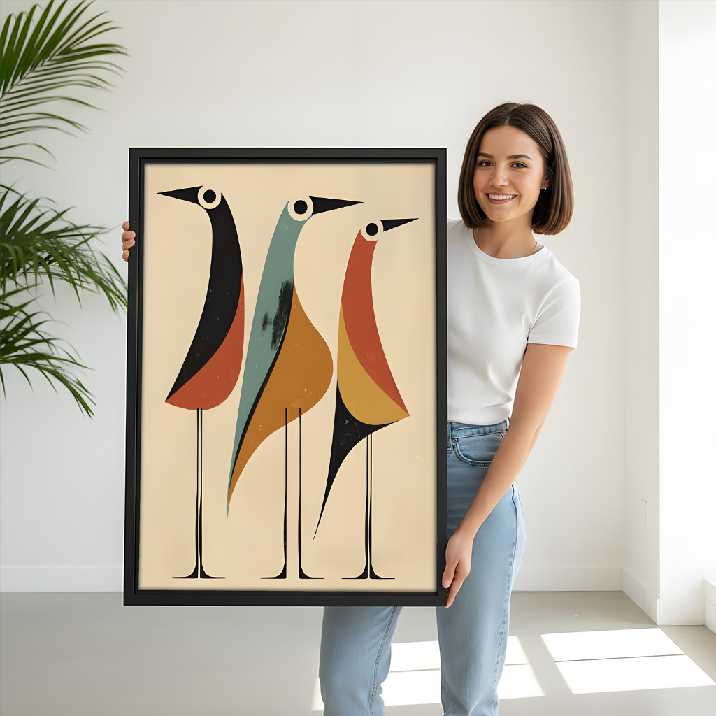Woman Holding Mid-Century Modern Abstract Birds Trio Framed Art Print Size Reference