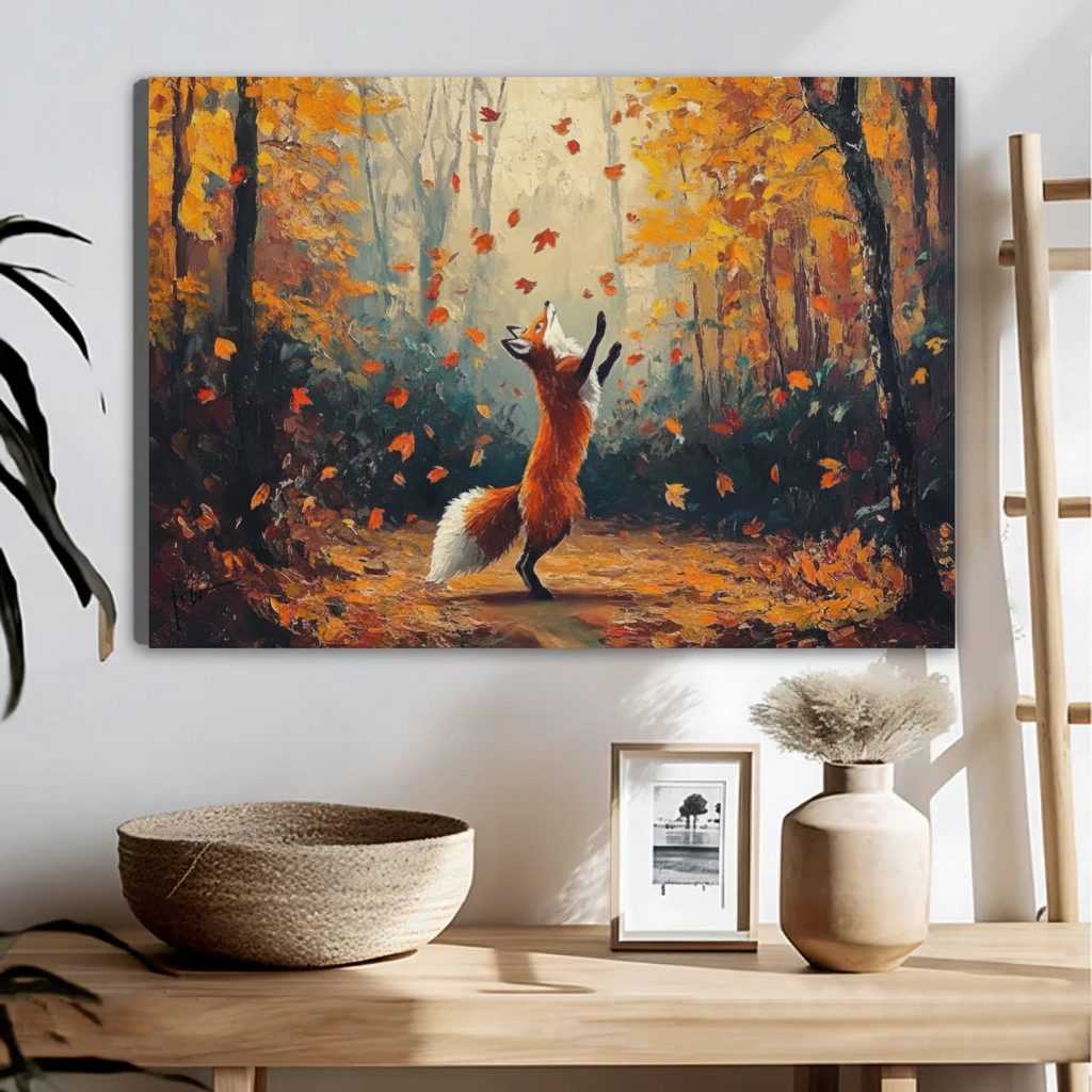 Impressionist Fox in Fall Forest Framed Print – Red Fox Dancing Among Autumn Leaves Wall Decor