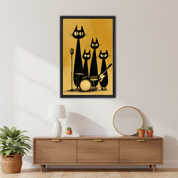 Retro black cat band gold framed wall art above wooden sideboard with white lamp and round mirror