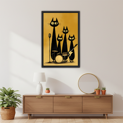 Retro black cat band gold framed wall art above wooden sideboard with white lamp and round mirror