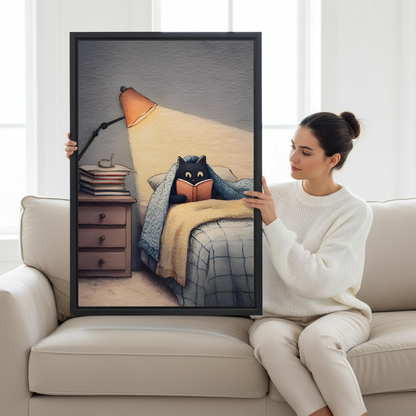Woman in white sweater holding large black cat reading in bed cozy illustration framed canvas print with orange lamp and stacked books beside cream sofa in bright studio