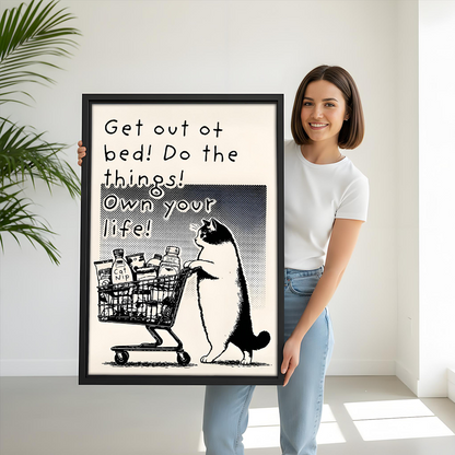 Woman Holding Funny Cat Shopping Cart Retro Motivational Framed Art Print Size Reference