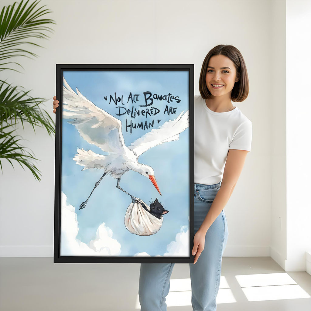 Woman holding funny cat stork delivery framed art print