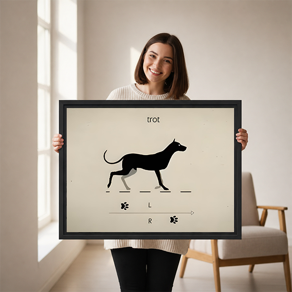 Woman holding minimalist framed canvas art featuring a black dog trotting with paw print gait chart, graphic illustration style, size reference