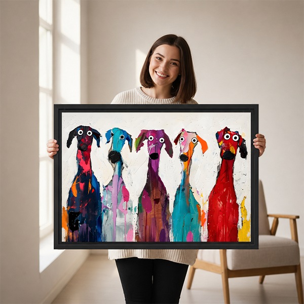 Woman Holding Colorful Greyhound Abstract Splatter Framed Art Print Size Reference
