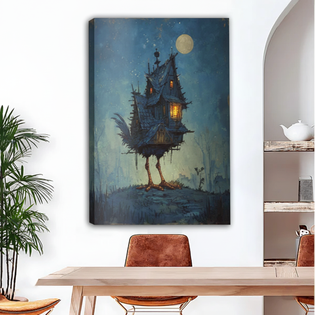 Gothic haunted house canvas wall art gallery wrap displayed in modern dining room