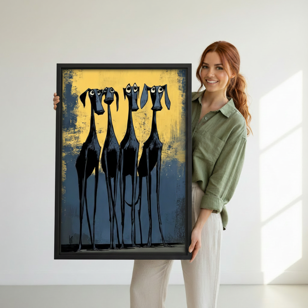  Woman holding large framed whimsical dog art print, funny greyhound poster in black frame, bold yellow and navy artwork