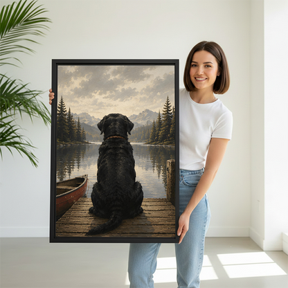 Woman holding black labrador lake dock framed canvas art print size reference