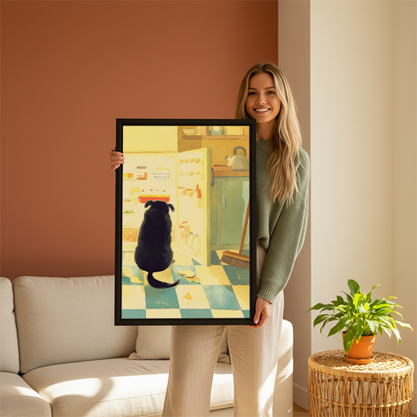 Smiling blonde woman in green sweater holding large black dog midnight snack kitchen watercolor framed canvas print with checkered floor and open refrigerator beside cream sofa and potted plant