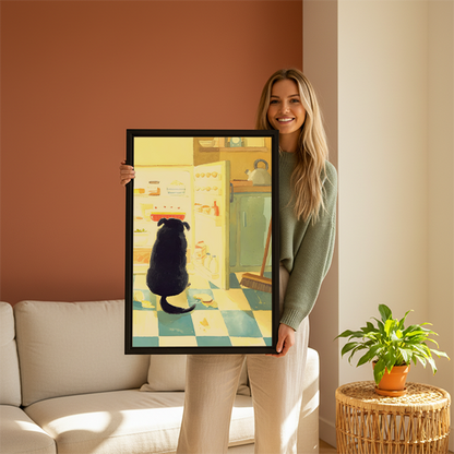 Smiling blonde woman in green sweater holding large black dog midnight snack kitchen watercolor framed canvas print with checkered floor and open refrigerator beside cream sofa and potted plant