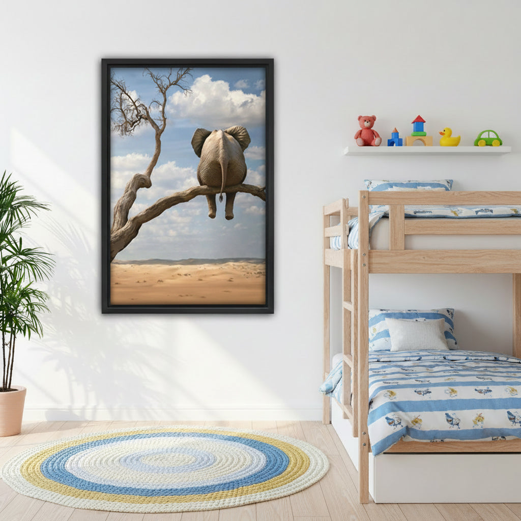 Whimsical elephant on tree branch surreal desert framed wall art on kids bedroom wall with bunk bed
