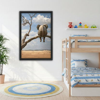 Whimsical elephant on tree branch surreal desert framed wall art on kids bedroom wall with bunk bed