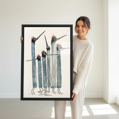 Smiling brunette woman in white sweater and white pants holding large abstract blue grey tribal birds folk art framed canvas print with five long-necked birds with red crests on cream background in bright minimalist white room with natural light