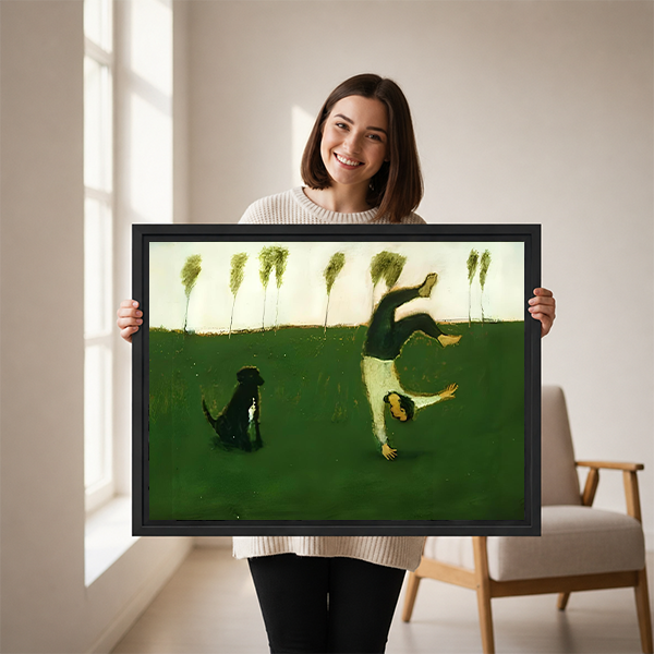 Woman holding vintage-style framed canvas art featuring a cartwheel figure and black dog on a green field, size reference display