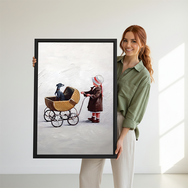 Woman holding vintage girl pushing greyhound dog pram framed canvas print – whimsical retro wall art size display
