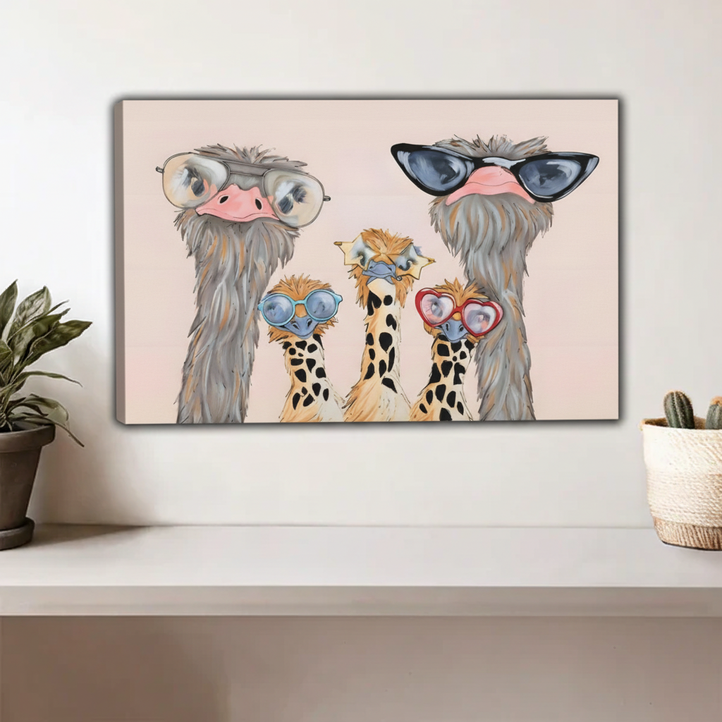 Five Funky Ostriches Wearing Different Sunglasses Framed Wall Art – Whimsical Pink Background Bird Print for Eclectic Decor