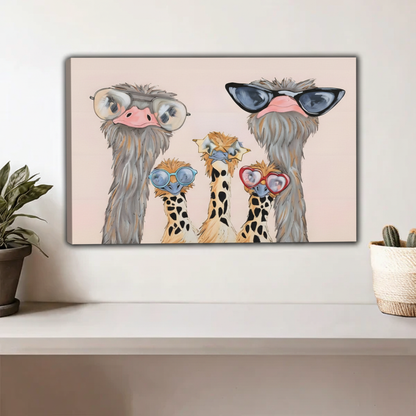 Five Funky Ostriches Wearing Different Sunglasses Framed Wall Art – Whimsical Pink Background Bird Print for Eclectic Decor