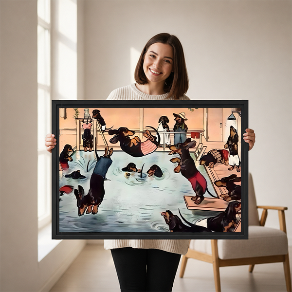 Woman Holding Dachshund Pool Party Vintage Framed Art Print Size Reference