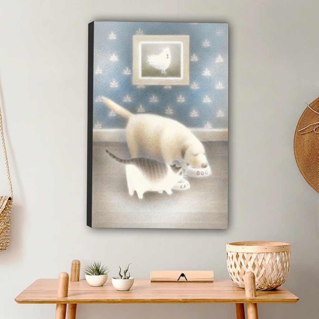 图2 金毛犬猫咪偷吃插画无框场景