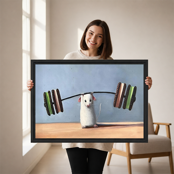 Woman holding funny weightlifting mouse framed canvas print – humorous animal wall art gift