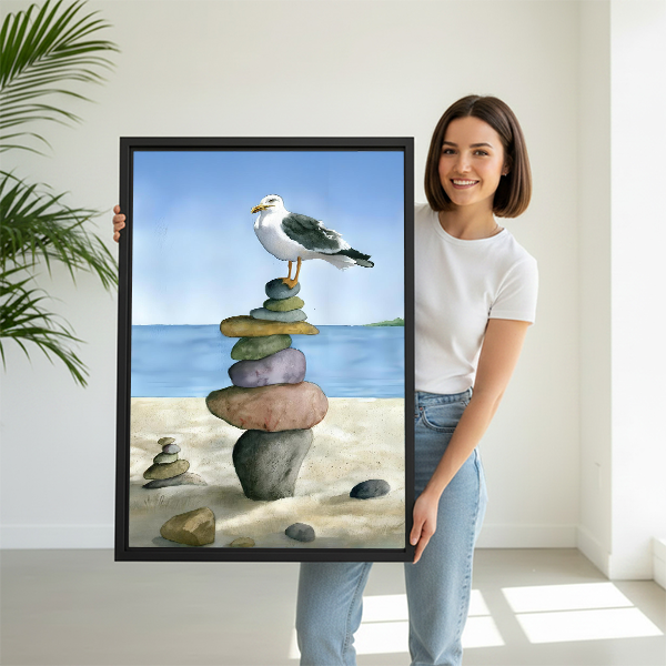 Woman holding coastal seagull stacked stones framed canvas wall art, large size watercolor beach print for home decor