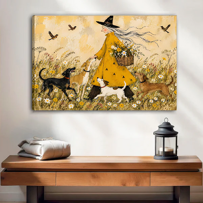 Unframed witch and dogs canvas wall art featuring a yellow dress and wildflowers above a wooden console.