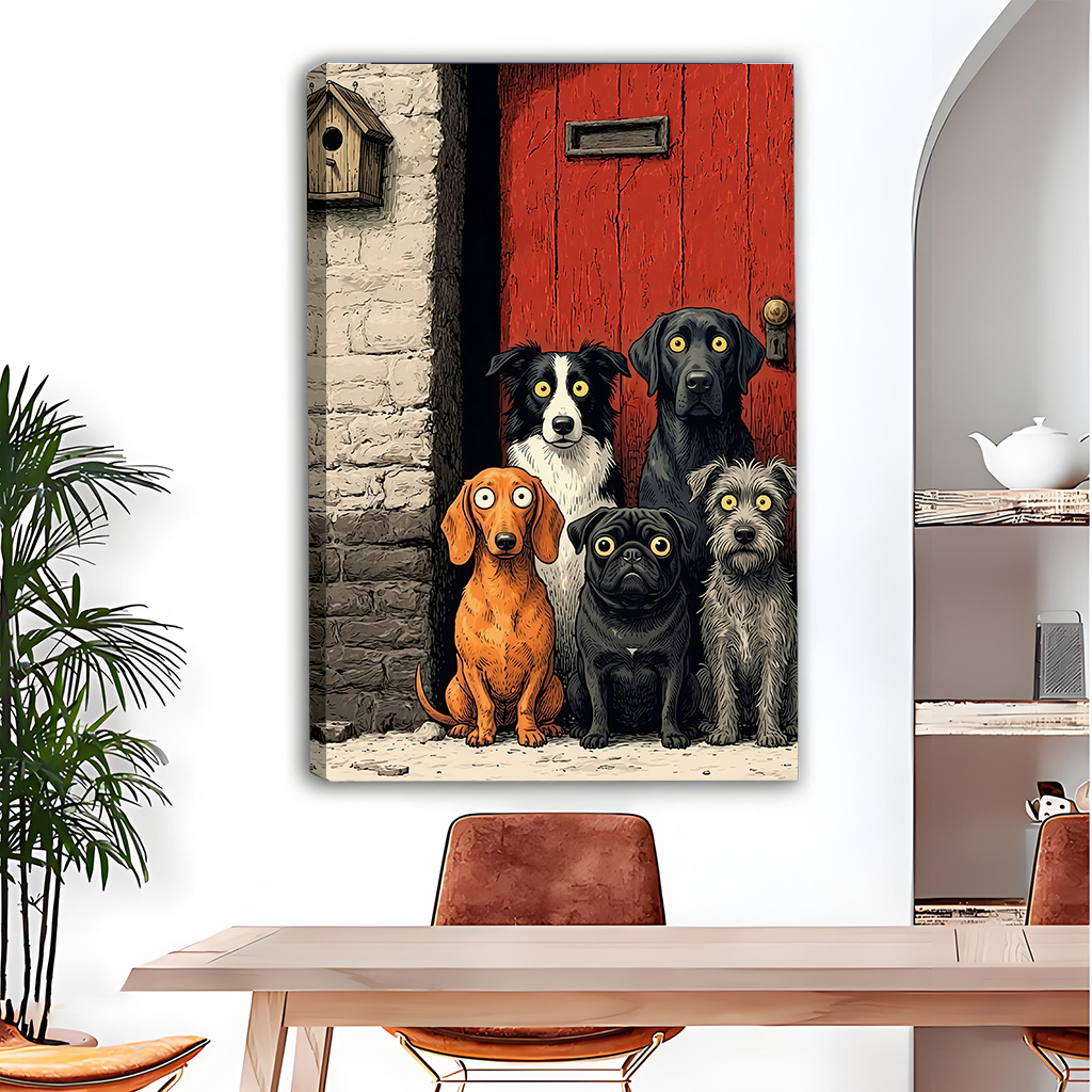 Gallery-wrap five dogs canvas wall art with wide-eyed canine companions by a red door above a dining table.