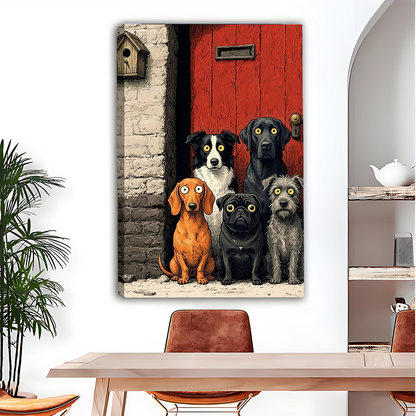 Gallery-wrap five dogs canvas wall art with wide-eyed canine companions by a red door above a dining table.