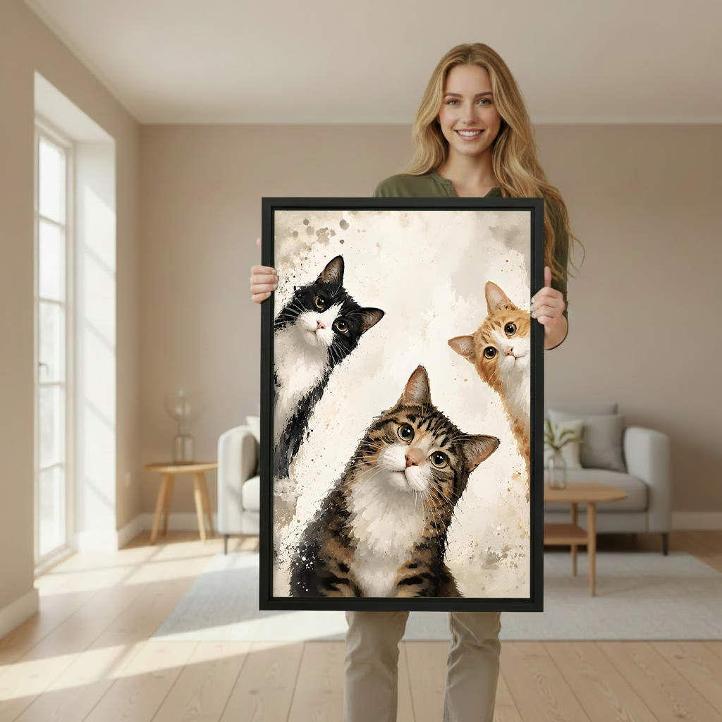 Woman holding a large framed whimsical cat trio watercolor art print in a bright living room